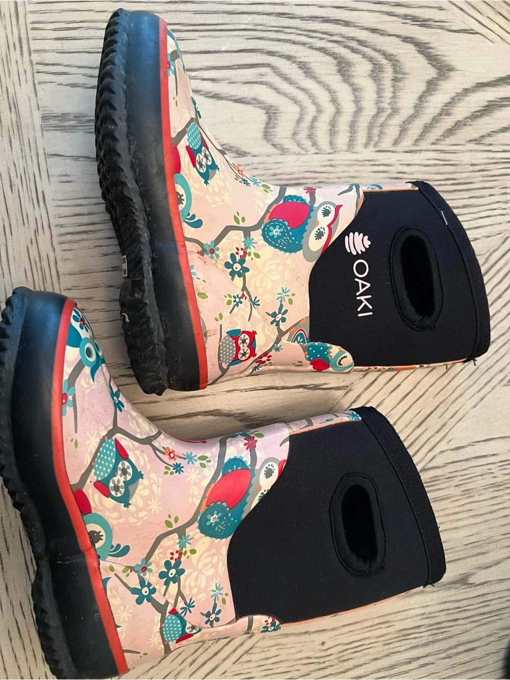 OAKI Kid's Neoprene Waterproof Rain and Snow boots pink owl pattern sz 9 toddler